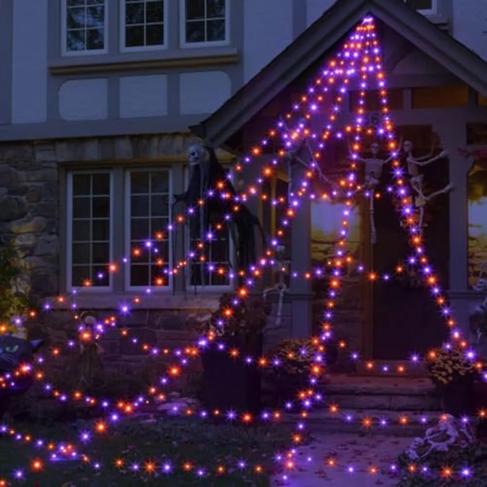 Practical 8 Modes Halloween Spider Web Lights Glow 250 LEDs LED Spider Net 5m Triangle Scary Giant Spider Party