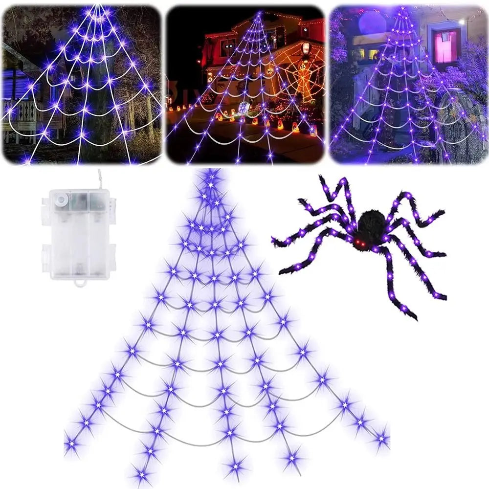 Practical 8 Modes Halloween Spider Web Lights Glow 250 LEDs LED Spider Net 5m Triangle Scary Giant Spider Party