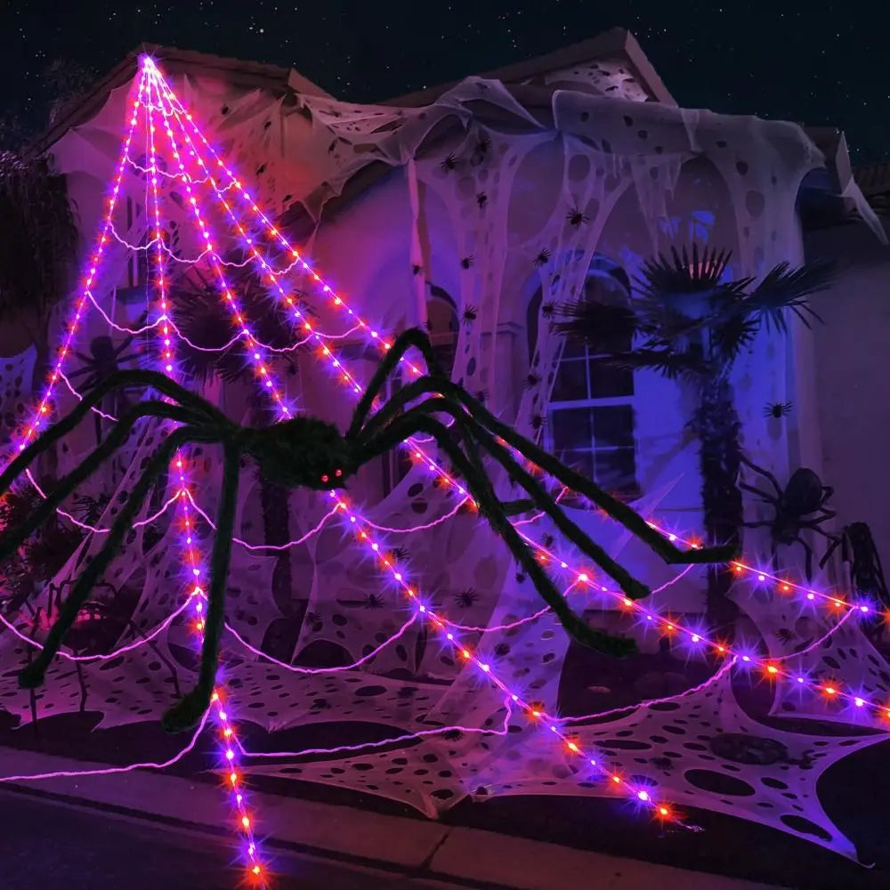 Practical 8 Modes Halloween Spider Web Lights Glow 250 LEDs LED Spider Net 5m Triangle Scary Giant Spider Party