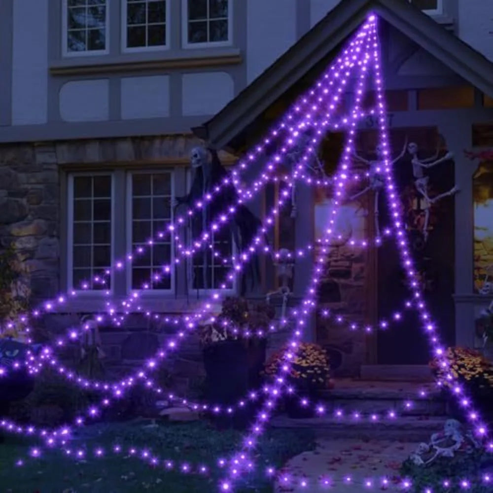 Practical 8 Modes Halloween Spider Web Lights Glow 250 LEDs LED Spider Net 5m Triangle Scary Giant Spider Party