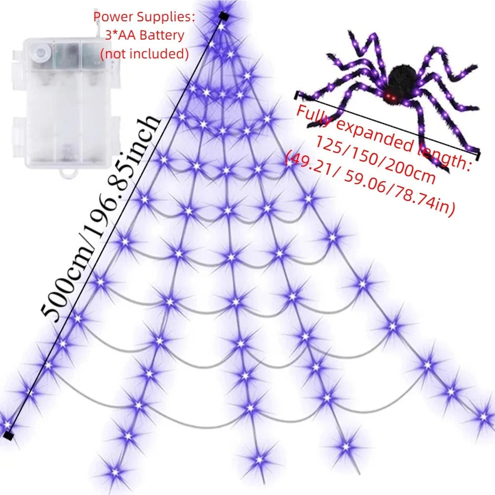 Practical 8 Modes Halloween Spider Web Lights Glow 250 LEDs LED Spider Net 5m Triangle Scary Giant Spider Party