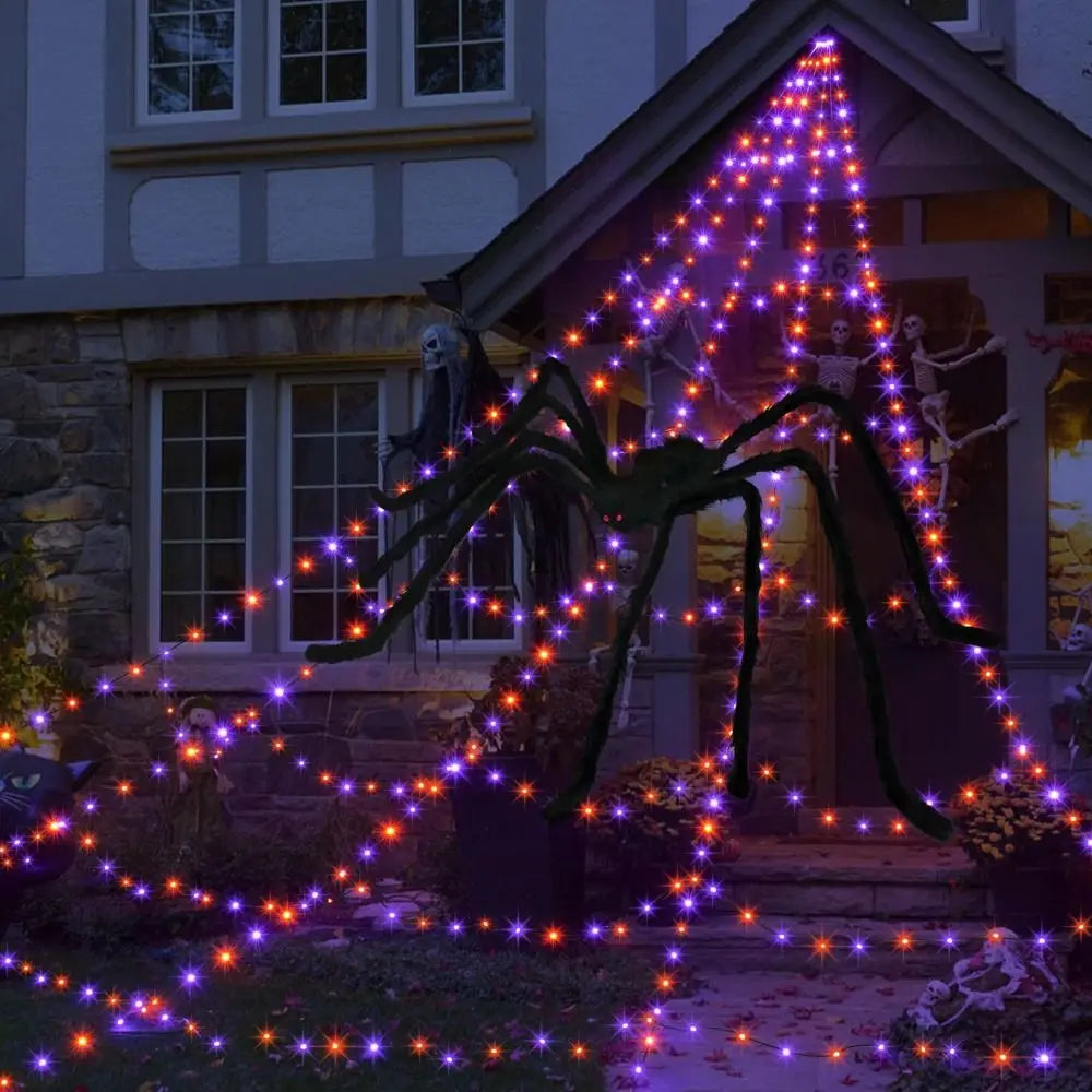 Practical 8 Modes Halloween Spider Web Lights Glow 250 LEDs LED Spider Net 5m Triangle Scary Giant Spider Party