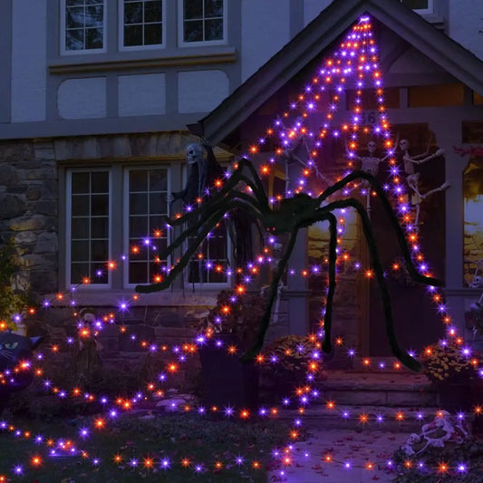 Practical 8 Modes Halloween Spider Web Lights Glow 250 LEDs LED Spider Net 5m Triangle Scary Giant Spider Party