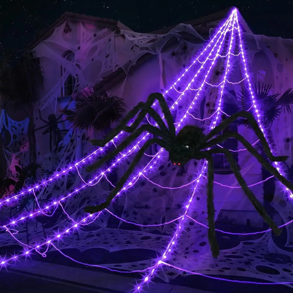 Practical 8 Modes Halloween Spider Web Lights Glow 250 LEDs LED Spider Net 5m Triangle Scary Giant Spider Party